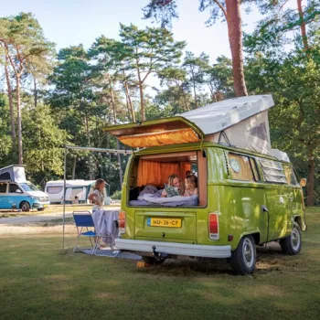 Gezin bij een camper op een natuurcamping bij Huttopia De Meinweg, omringd door dennenbomen.