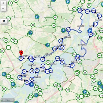 Kaart met knooppunten van de premium fietsroute Moeder Maas