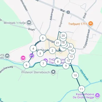 Plattegrond van de Stadswandeling Thorn met daarop de cijfers waar alle bezienswaardigheden te zien zijn.