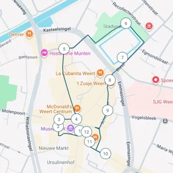 Plattegrond van de Van Horne Family Tour met daarin rondjes met cijfers die de bezienswaardigheden voorstellen
